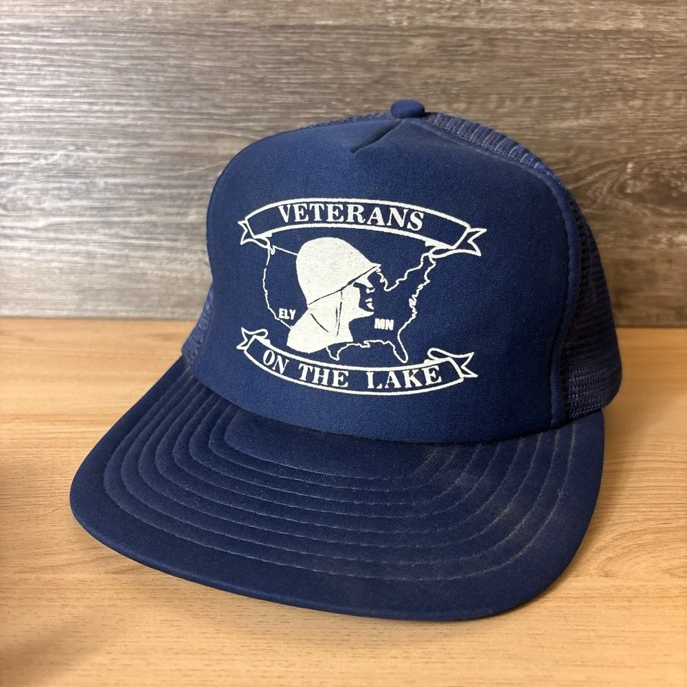 Vintage Veterans On The Lake Hat Cap Snap Back Blue Mesh Trucker Ely Minnesota